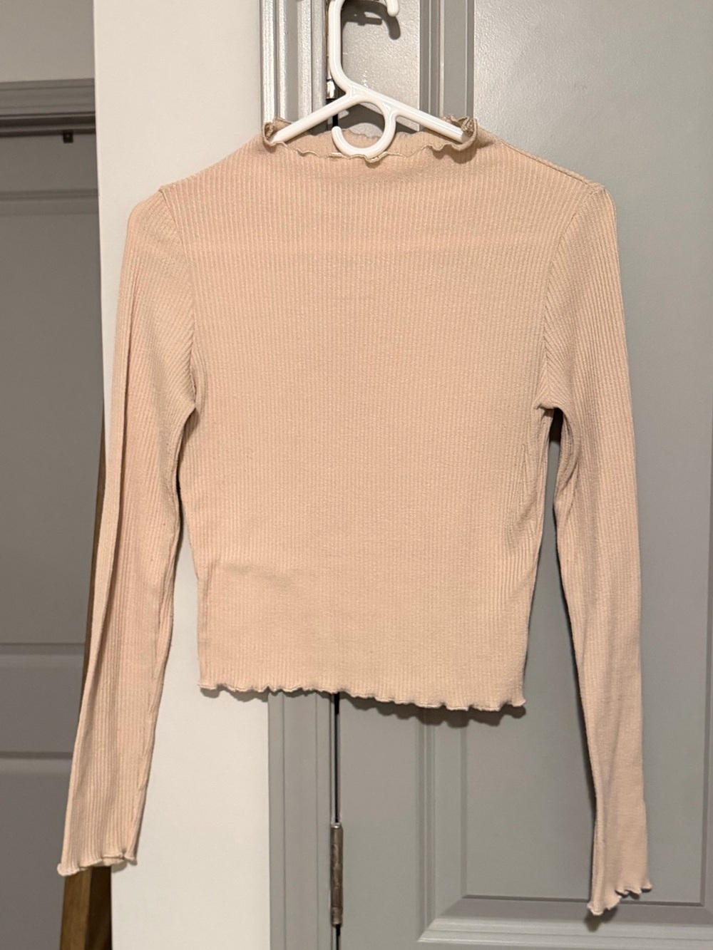 American Threads Ribbed Long Sleeve Top in Light Beige